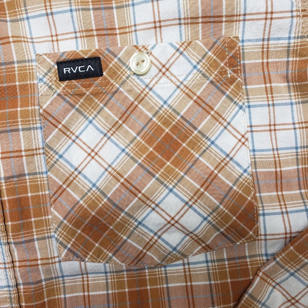 Rvca Tan White Plaid Button Down Long Sleeve Shirt - image 5